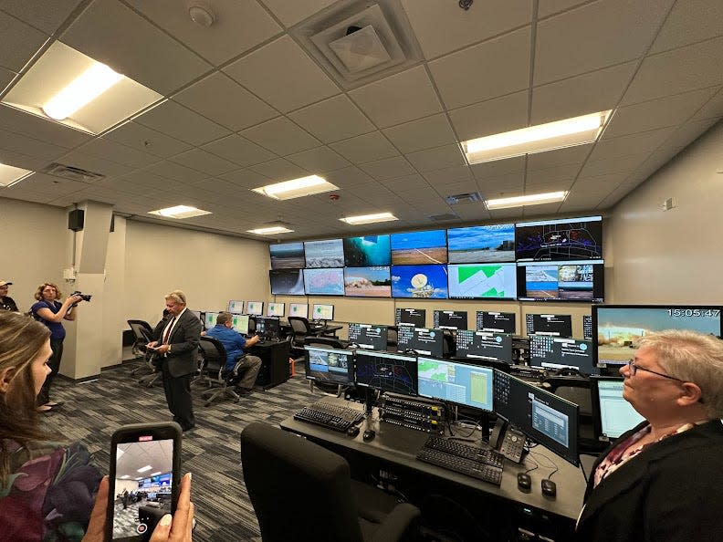 The Control Room in Eglin Range Control Building #1. The room has radar and live video feeds from the range so operators can have a full picture of testing exercises.