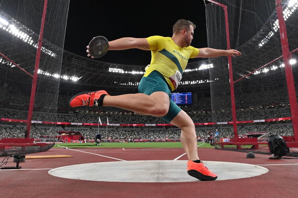 <p>Australia's Matthew Denny competes in the men's discus throw final during the Tokyo 2020 Olympic Games at the Olympic Stadium in Tokyo on July 31, 2021. (Photo by Andrej ISAKOVIC / AFP) (Photo by ANDREJ ISAKOVIC/AFP via Getty Images)</p> 