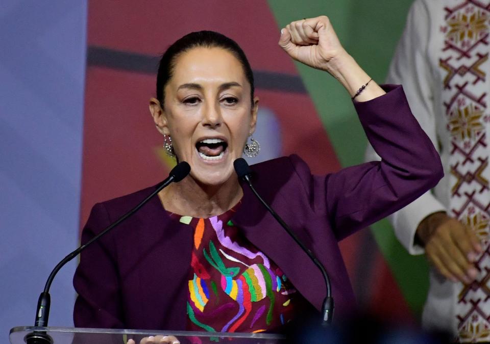 Mexico presidential candidate for the Morena party, Claudia Sheinbaum, gestures during the registration of her candidacy for the 2024 election, on Nov. 19, 2023, in Mexico City.