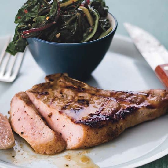 Grilled Pork Chops with Anchovies and Swiss Chard
