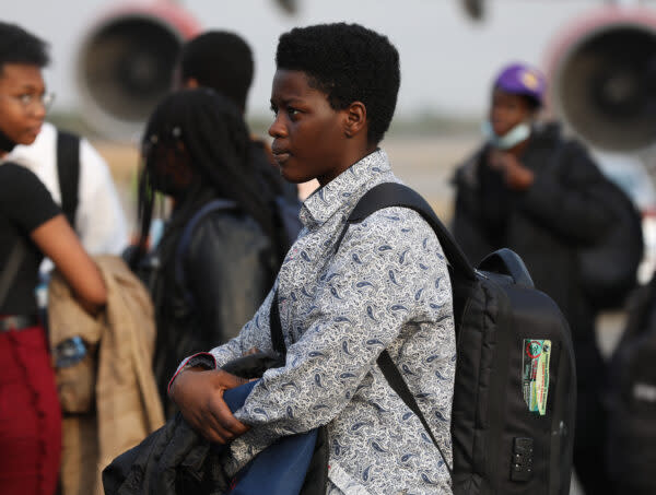 A Nigerian student, who just got evacuated from Ukraine amidst the ongoing war between Russia and Ukraine, reacts after landing at the Nnamdi Azikwe Airport Abuja, Nigeria on March 4, 2022. – (Photo by Kola SULAIMON / AFP) (Photo by KOLA SULAIMON/AFP via Getty Images)