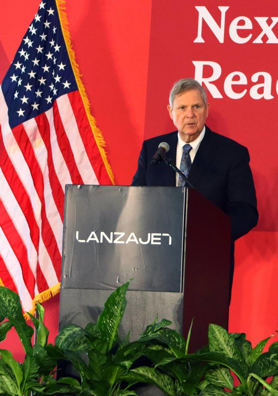 U.S. Secretary of Agriculture, Tom Vilsack speaks to the crowd of 300 people at the opening day ceremony at LanzaJet Freedom Pines facility about the importance of local economy, farmers understanding climate smart practices, and the excitement to reach net-zero in SAF by 2050 thanks to LanzaTech and LanzaJet.