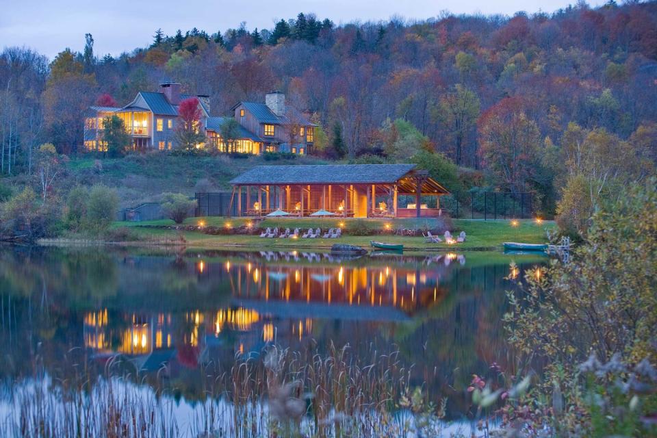 Cabin lit up at Twin Farms Resort in Vermont