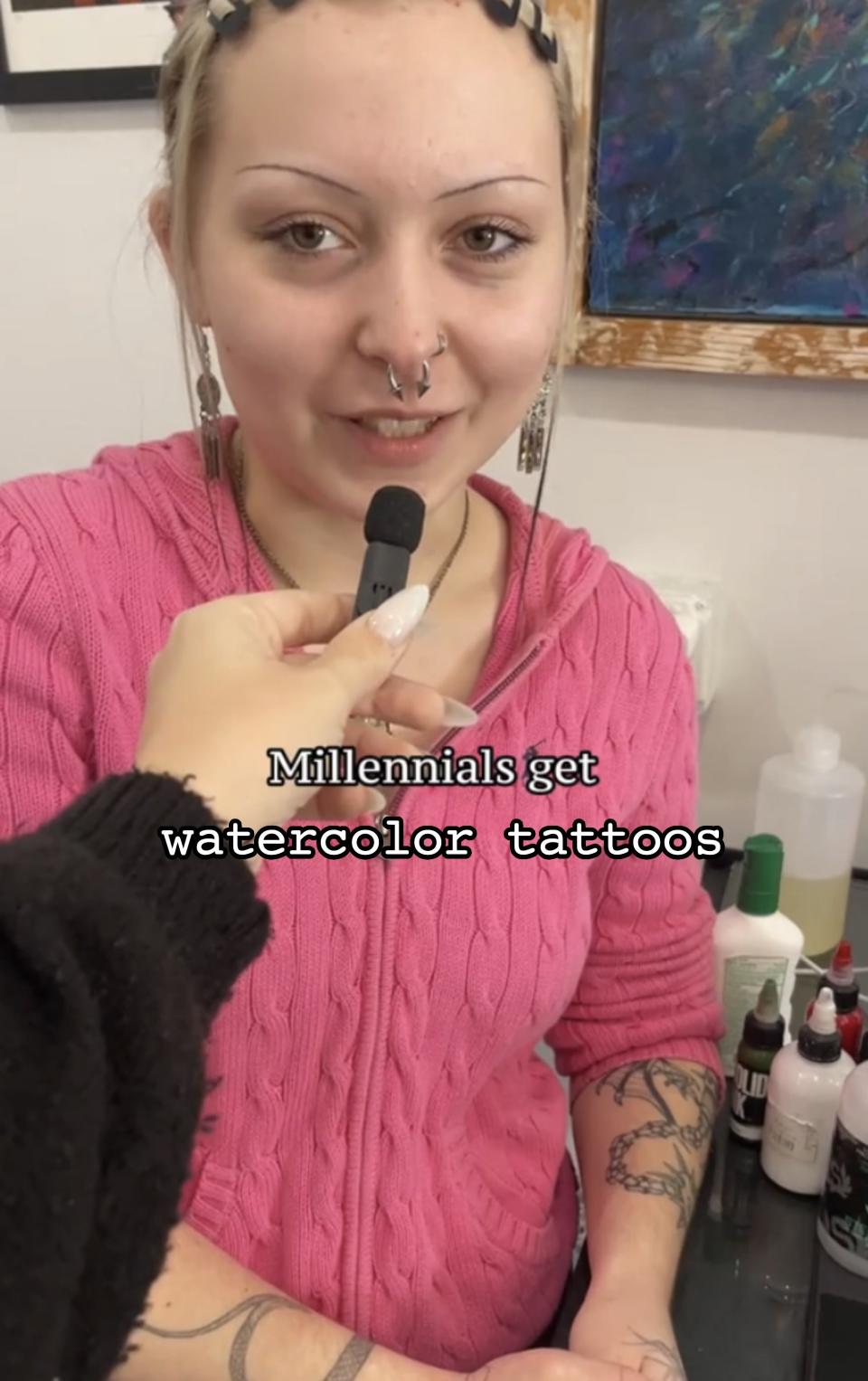 A tattoo artist saying that millennials get watercolor tattoos