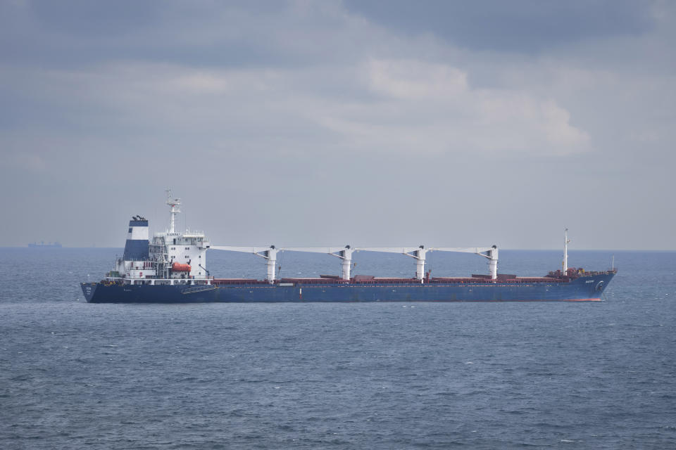 The cargo ship Razoni is anchored at the entrance of the Bosphorus Strait in Istanbul, Turkey, Wednesday, Aug. 3, 2022. The first cargo ship to leave Ukraine since the Russian invasion was anchored at an inspection area in the Black Sea off the coast of Istanbul Wednesday morning, awaiting an inspection. (AP Photo/Khalil Hamra)