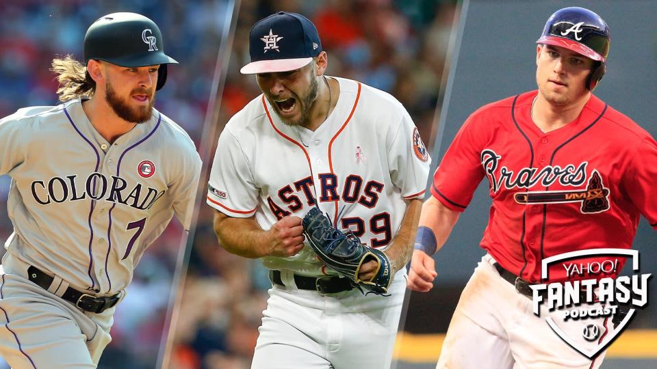 Scott Pianowski and Fred Zinkie discuss (L to R) Brendan Rodgers of the Colorado Rockies, Corbin Martin of the Houston Astros and Austin Riley of the Atlanta Braves on the latest Yahoo Fantasy Baseball Podcast.  (Credit L to R: Rich Schultz/Getty Images; Bob Levey/Getty Images; David John Griffin/Icon Sportswire via Getty Images)