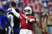 Arizona Cardinals quarterback Kyler Murray (1) warms up prior to an NFL football game against the Minnesota Vikings, Sunday, Sept. 19, 2021, in Glendale, Ariz. (AP Photo/Ross D. Franklin)