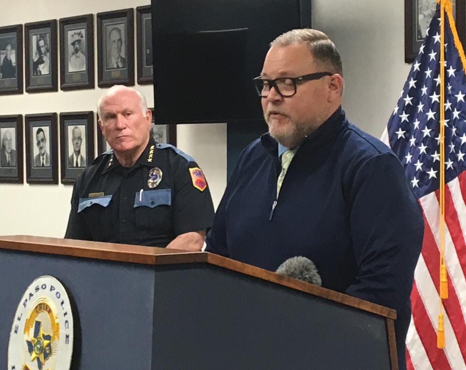 David VandeLinde, a vice president at Hyundai Motor America, speaks about a Hyundai event in El Paso to upgrade anti-theft software in vehicles during a Tuesday news conference with El Paso Police Chief Peter Pacillas at El Paso Police Headquarters.