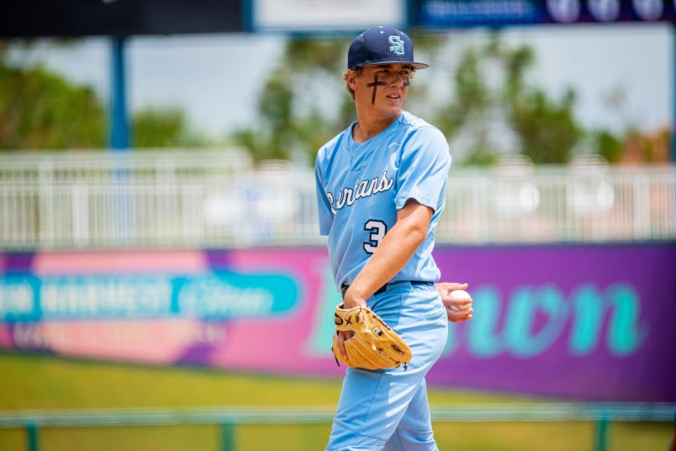 St. Johns Country Day pitcher Finn Howell prepares to deliver a pitch against Mount Dora Christian in the 2021 Class 2A baseball semifinal. The Spartans are two wins away from a second consecutive final four visit, but face Trinity Christian in an all-local showdown Saturday.