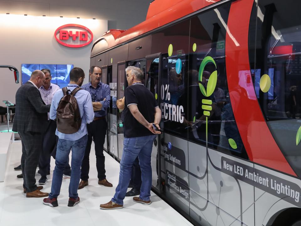 Visitors are seen at the booth of BYD during the 67th IAA Commercial Vehicles in Hanover, Germany, on Sept. 20, 2018. TO GO WITH XINHUA HEADLINES OF APRIL 30, 2021