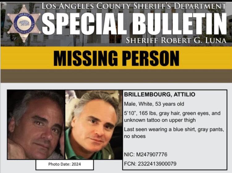 The Los Angeles County Sheriff's Department is asking for the public's help in finding a New York man reportedly linked to European royalty who has been missing since Saturday. Attilio Brillembourg, 53, was last seen at 1:10 a.m. in the 6000 block of Murphy Way in Malibu.