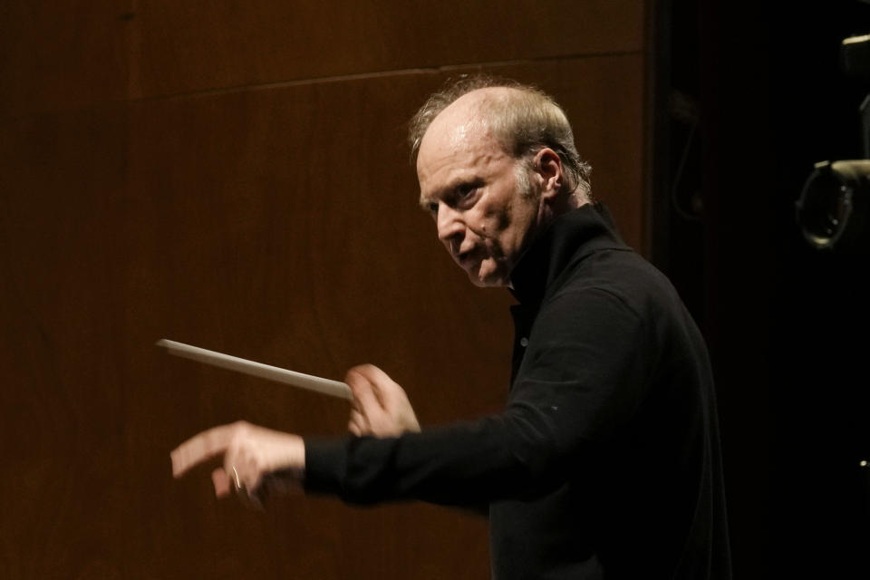 Music Director of the National Symphony Orchestra (NSO) Gianandrea Noseda conducts the orchestra during a rehearsal at Milan's La Scala theatre, Italy, Monday, Feb. 26, 2024. (AP Photo/Antonio Calanni)