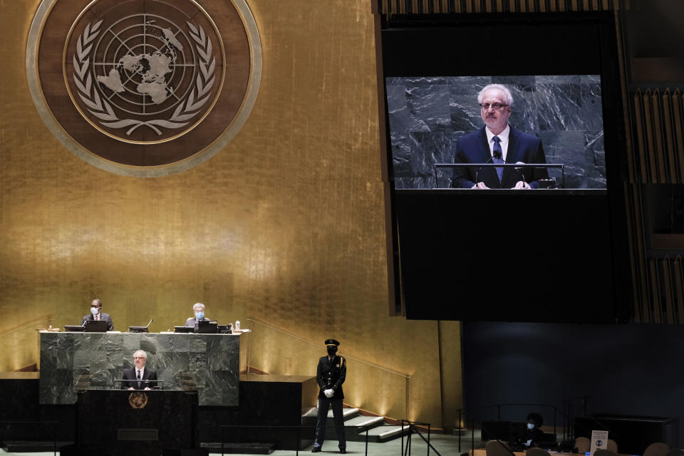 The President of Latvia Egils Levits speaks during the annual gathering for the 76th session of the United Nations General Assembly (UNGA) Tuesday, Sept. 21, 2021. (Spencer Platt/Pool Photo via AP)