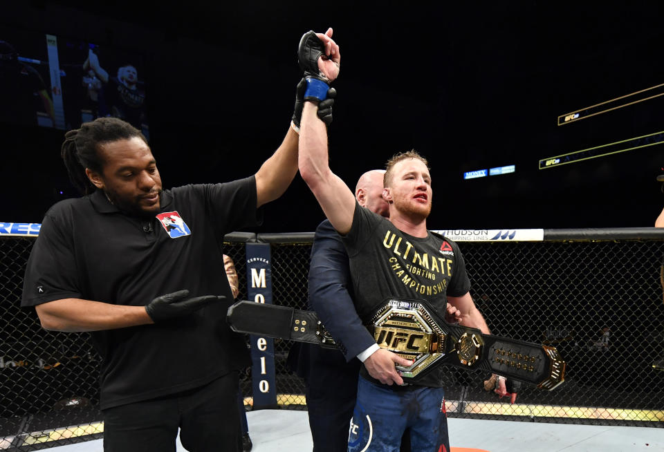 JACKSONVILLE, FLORIDA - MAY 09: Justin Gaethje celebrates after his TKO victory over Tony Ferguson in their UFC interim lightweight championship fight during the UFC 249 event at VyStar Veterans Memorial Arena on May 09, 2020 in Jacksonville, Florida. (Photo by Jeff Bottari/Zuffa LLC)