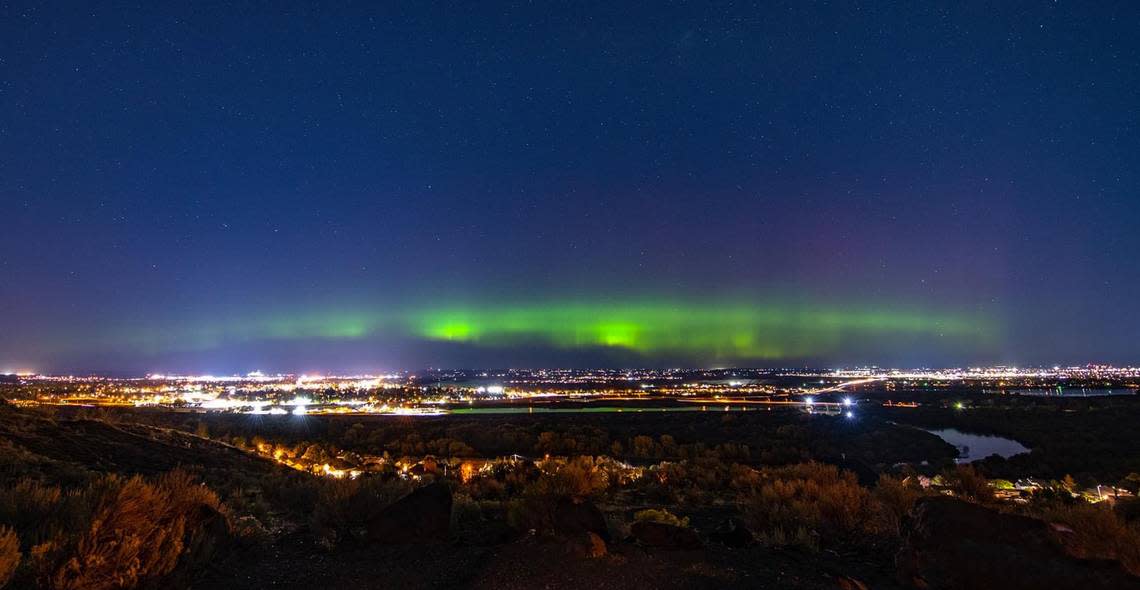 The glow of the aurora borealis over the Tri-Cities was captured by Shuttha Shutthanandan near the Hills West gazebo at Richland’s Top of the World park October 2021.