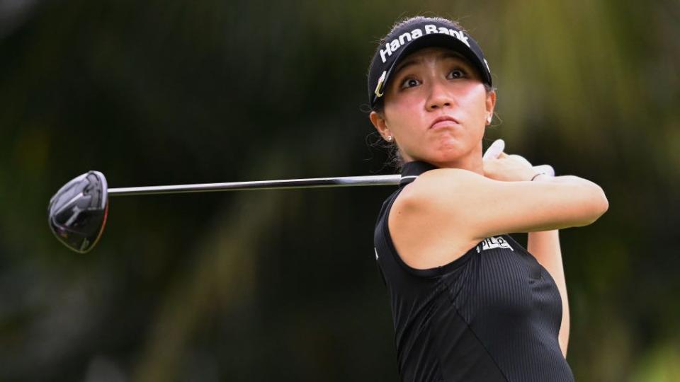 Lydia Ko of New Zealand tees off on the second hole during Day Three of the HSBC Women's World Championship.