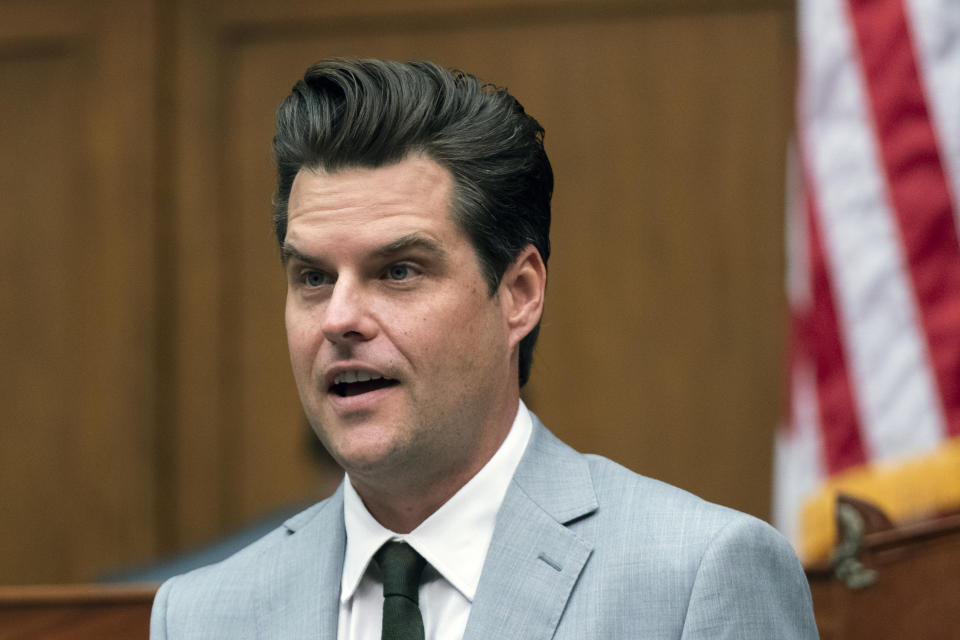 FILE - In this April 14, 2021 file photo, Rep. Matt Gaetz, R-Fla., questions witness during a House Armed Services Committee hearing on Capitol Hill in Washington. Congressional leaders have always faced rebels in their ranks. But Reps. Matt Gaetz and Marjorie Taylor Greene are presenting top House Republicans with a test of how to handle a new breed of Trump-era, social media-savvy firebrands. (AP Photo/Manuel Balce Ceneta, File)