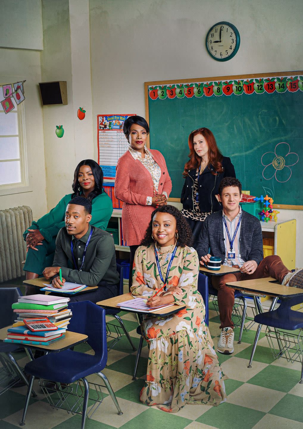 tyler james williams as gregory, janelle james as ava, quinta brunson as janine, sheryl lee ralph as barbara, chris perfetti as jacob, and lisa ann walter as melissa in abbott elementary
