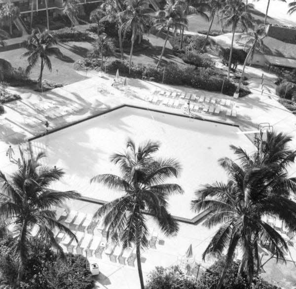 Bird's eye view of the swimming pool at the Marco Island Hotel.