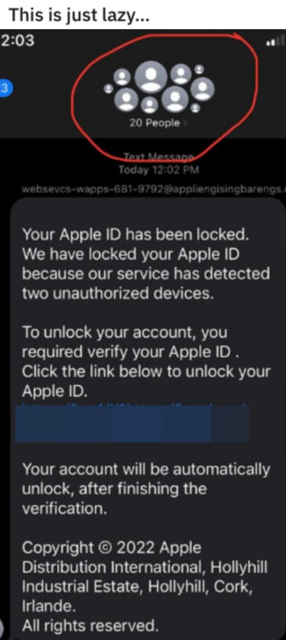 group message that an Apple ID was locked and it "will be automatically unlock"