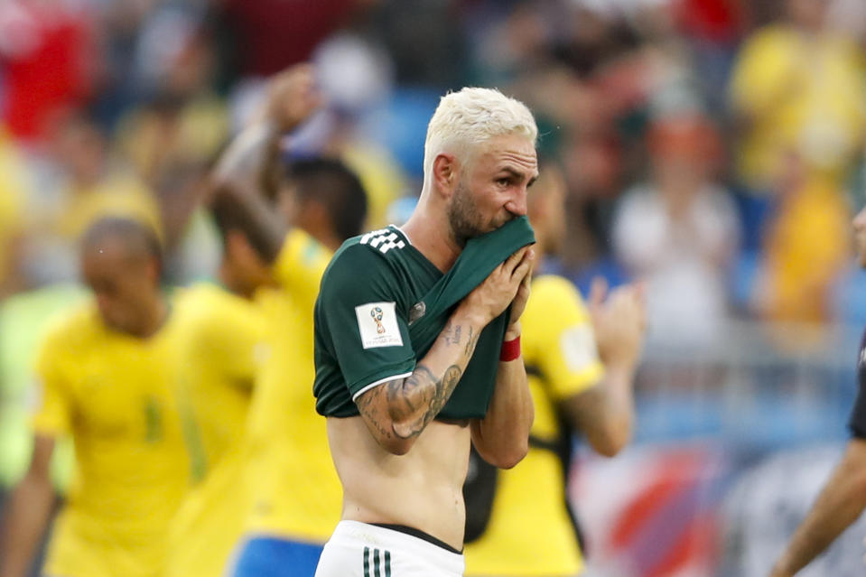 <p>Mexico’s Miguel Layun leaves the field after the round of 16 match between Brazil and Mexico at the 2018 soccer World Cup in the Samara Arena, in Samara, Russia, Monday, July 2, 2018. Mexico lost 0-2. (AP Photo/Eduardo Verdugo) </p>