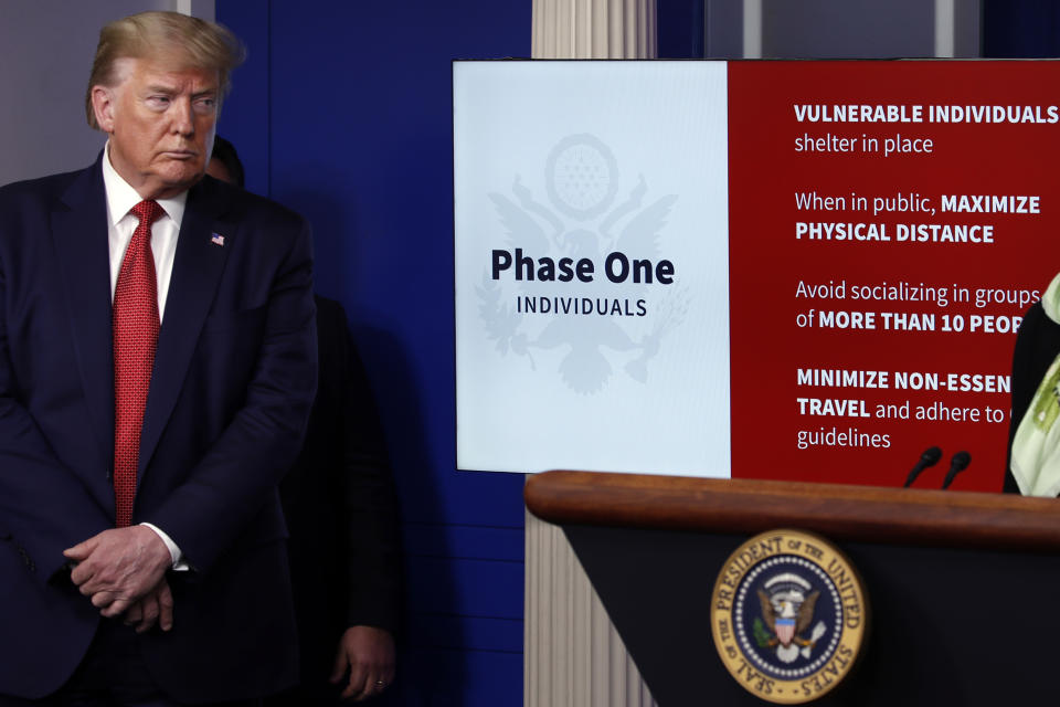 President Donald Trump listens as Dr. Deborah Birx, White House coronavirus response coordinator, speaks about the coronavirus in the James Brady Press Briefing Room of the White House, Thursday, April 16, 2020, in Washington. (AP Photo/Alex Brandon)