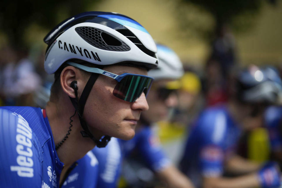 Netherlands' Mathieu van der Poel waits for the start of the fifth stage of the Tour de France cycling race over 157 kilometers (97.6 miles) with start in Lille Metropole and finish in Arenberg Porte du Hainaut, France, Wednesday, July 6, 2022. (AP Photo/Thibault Camus)