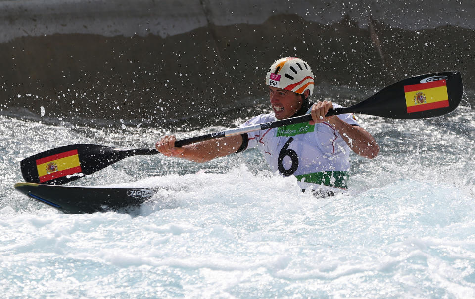 LONDON, ENGLAND - AUGUST 01: Samuel Hernanz of Spain competes in the Men's Kayak Single (K1) Final on Day 5 of the London 2012 Olympic Games at Lee Valley White Water Centre on August 1, 2012 in London, England. (Photo by Phil Walter/Getty Images)