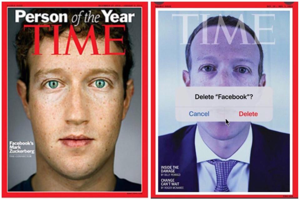 Mark Zuckerberg en la portada de ‘Time’ en 2010 y en 2021. (Foto: TIME).