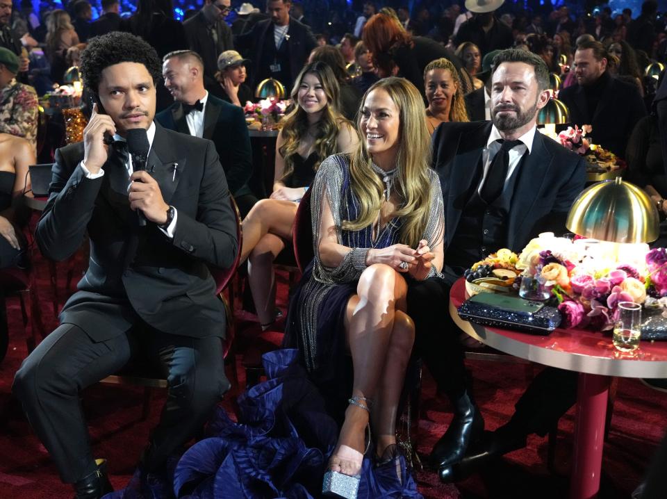 Trevor Noah, Jennifer Lopez, and Ben Affleck at the 2023 Grammys.