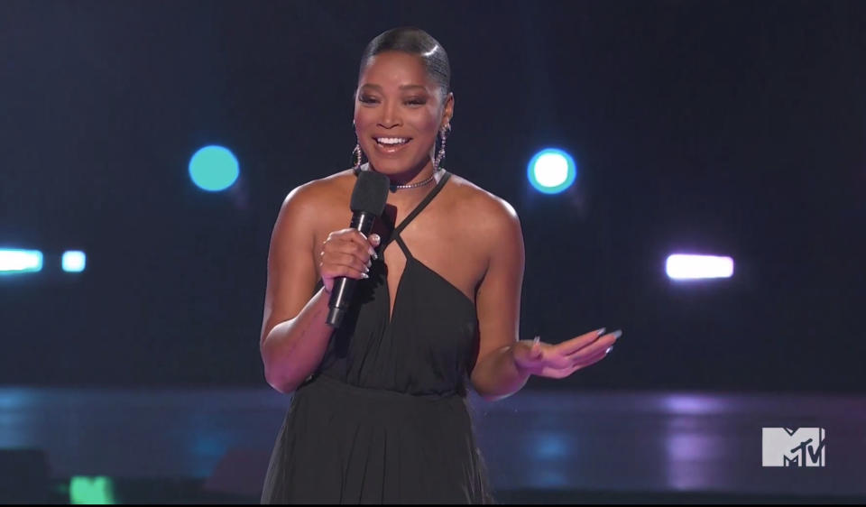In this video grab issued Sunday, Aug. 30, 2020, by MTV, host Keke Palmer speaks at the conclusion of the MTV Video Music Awards. (MTV via AP)