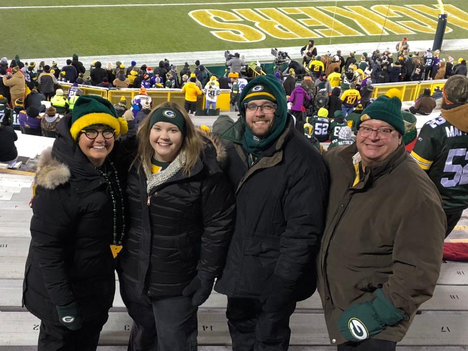 Karen Waldkirch, Maria Waldkirch, Dan Waldkirch and Tom Waldkirch attend a Green Bay Packers game in 2017.
