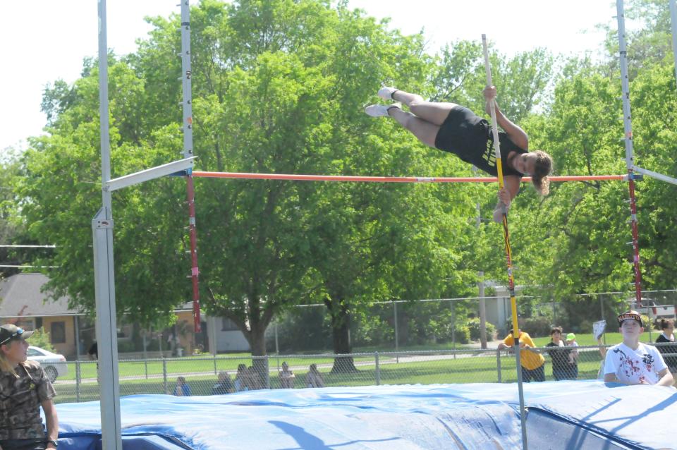 Salina South's Bethany Hicklin clear a mark during the AVCTL-I Championships Friday, May 13, 2022, at Salina Stadium.