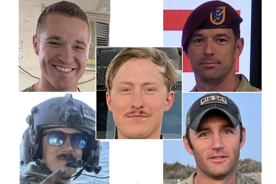 <p>Department of Defense</p> Sgt. Andrew P. Southard (top left), Sgt. Cade M. Wolfe (bottom left), Staff Sgt. Tanner W. Grone (center) Chief Warrant Officer 3 Stephen R. Dwyer (top right) and Chief Warrant Officer 2 Shane M. Barnes (bottom right)