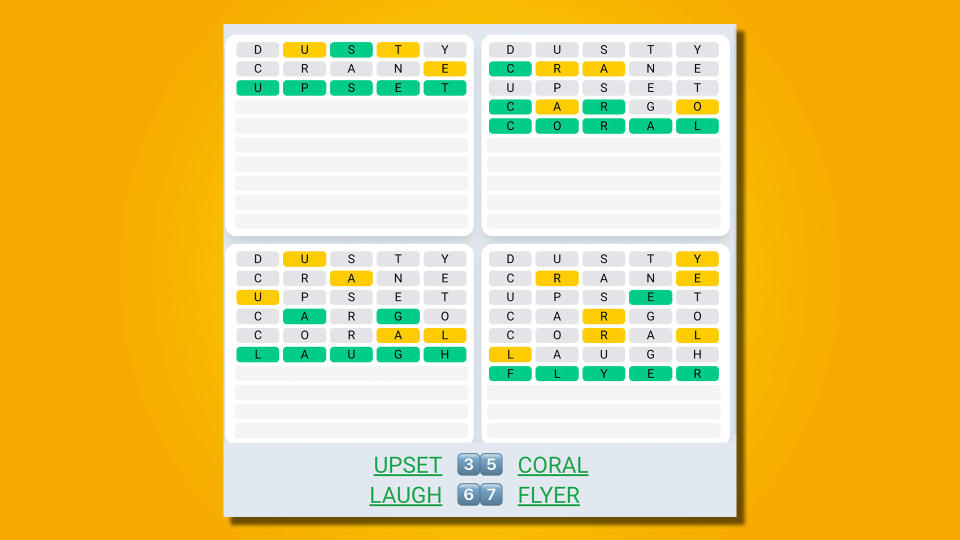 Quordle daily sequence answers for game 530 on a yellow background