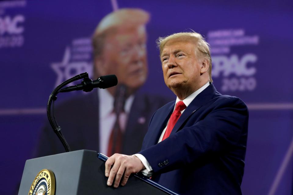 <p>Donald Trump addresses the Conservative Political Action Conference (CPAC) annual meeting at National Harbor in Oxon Hill, Maryland, on 29 February 2020</p> ((Reuters))