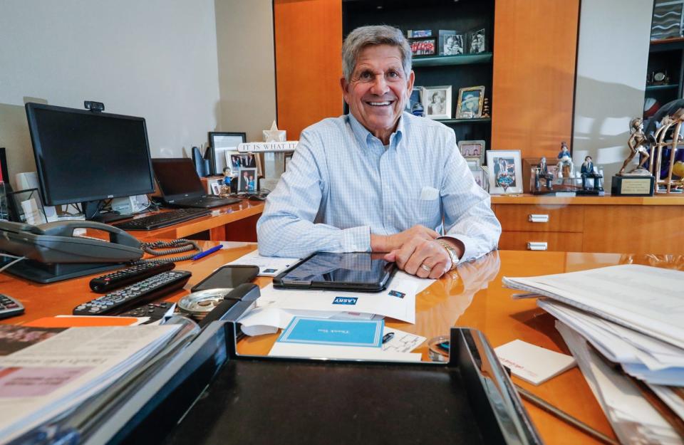 Jeff Smulyan, founder of Emmis Communications, is photographed in his office on Thursday, Nov. 11, 2021 in Indianapolis. The former owner of the Seattle Mariners and creator of the nation’s all-sports radio format with WFAN in New York, has written a book, “Never Ride a Roller Coaster Upside Down.”