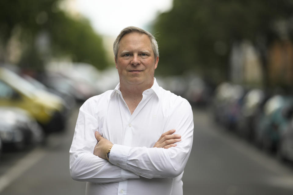 Timo Reinfrank, who heads the Amadeu-Antonio Foundation which promotes pluralism and human rights while opposing right-wing extremism, racism and antisemitism poses for a portrait after an interview with The Associated Press in Berlin, Germany, Wednesday, July 19, 2023. Reinfrank says that the entire region surrounding Burg (Spreewald) about two-hours drive outside Berlin has become "a zone of fear which the Nazis have declared as their home zone." (AP Photo/Markus Schreiber)