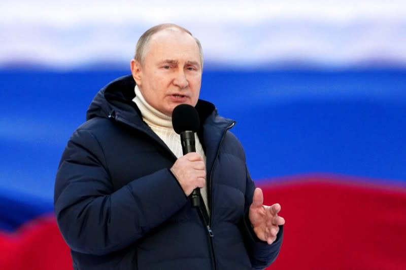 2022年3月18日，普京在莫斯科的盧日尼基體育場舉行大型造勢活動，這一天也是俄羅斯併吞米亞八周年。普京宣稱「俄羅斯一定會實施所有預期的計劃」。（美聯社）