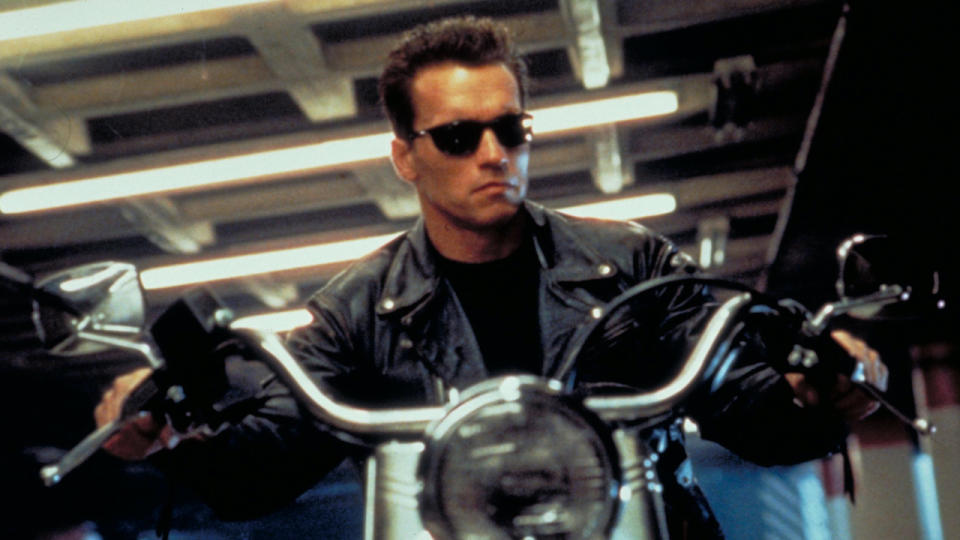 Arnold Schwarzenegger seated on motorcycle in Terminator 2: Judgement Day