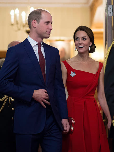 Princess Kate Stuns in Red Satin Dress (and Diamond Maple Leaf Brooch!) at Elegant Reception in Canada| The British Royals, The Royals, Kate Middleton, Prince William