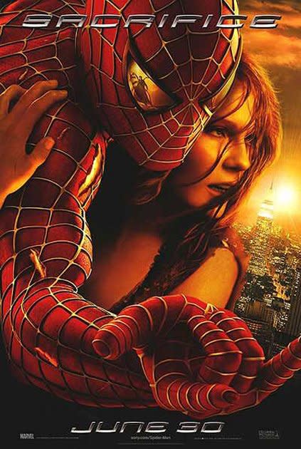 <b>Spider-Man 2</b> <br> On the surface this looks fine, it’s stark and memorable showcasing the beautiful damsel in distress, the action (tears in the suit), the villain reflected in Spidey’s eye and the city of New York in the background. Unfortunately it also looks like Kirsten Dunst’s arm should be about two metres long to be able to put her hand on his shoulder like that. These professional designer folk have trouble with arms apparently.