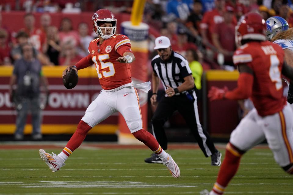 Kansas City Chiefs quarterback Patrick Mahomes looks to throw during the first half of an NFL football game against the Detroit Lions Thursday, Sept. 7, 2023, in Kansas City, Mo.