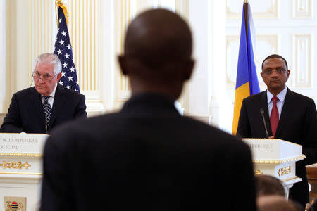 U.S. Secretary of State Rex Tillerson and Chad's Foreign Minister Mahamat Zene Cherif hold a news conference in N'Djamena, Chad, March 12, 2018. REUTERS/Jonathan Ernst