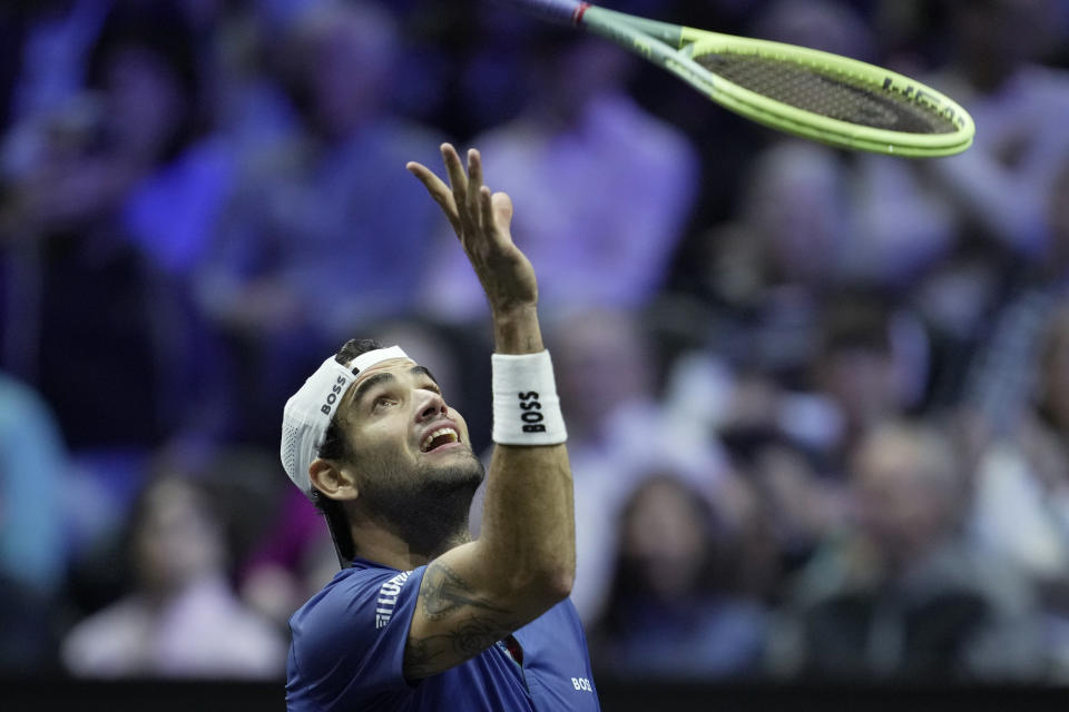 Team Europe's Matteo Berrettini, of Italy, reacts after losing a point during a match against Team World's Felix Auger-Aliassime, of Canada, on second day of the Laver Cup tennis tournament at the O2 in London, Saturday, Sept. 24, 2022. (AP Photo/Kin Cheung)