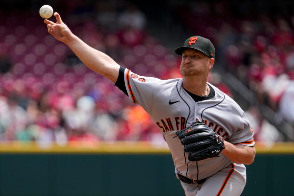 San Francisco Giants starting pitcher Alex Cobb (38) throws a pitch in the first inning of the MLB National League game between the Cincinnati Reds and the San Francisco Giants at Great American Ball Park in downtown Cincinnati on Thursday, July 20, 2023. The Reds led 2-0 after three innings.