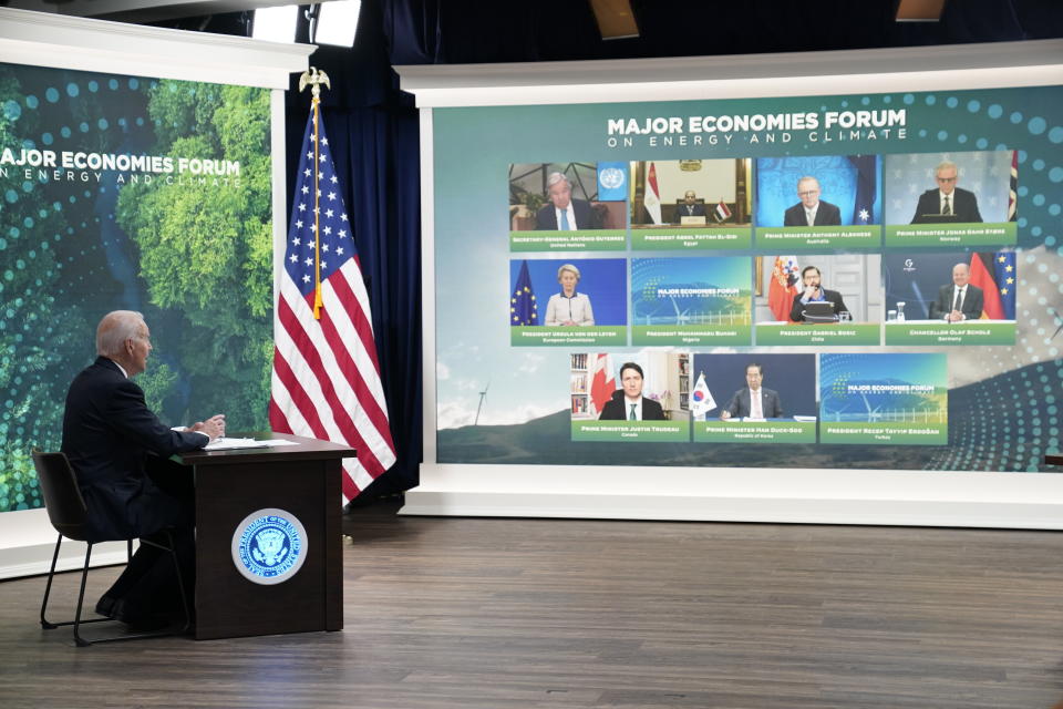 President Joe Biden speaks during the Major Economies Forum on Energy and Climate in the South Court Auditorium on the White House campus, Friday, June 17, 2022, in Washington. (AP Photo/Evan Vucci)