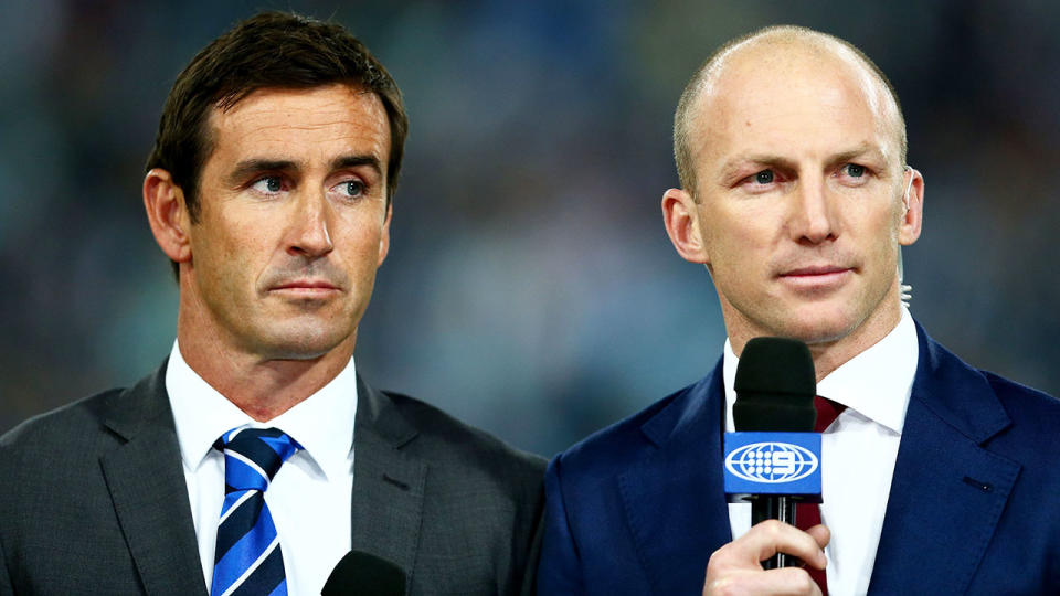 Pictured here, Channel Nine commentators Andrew Johns and Darren Lockyer.