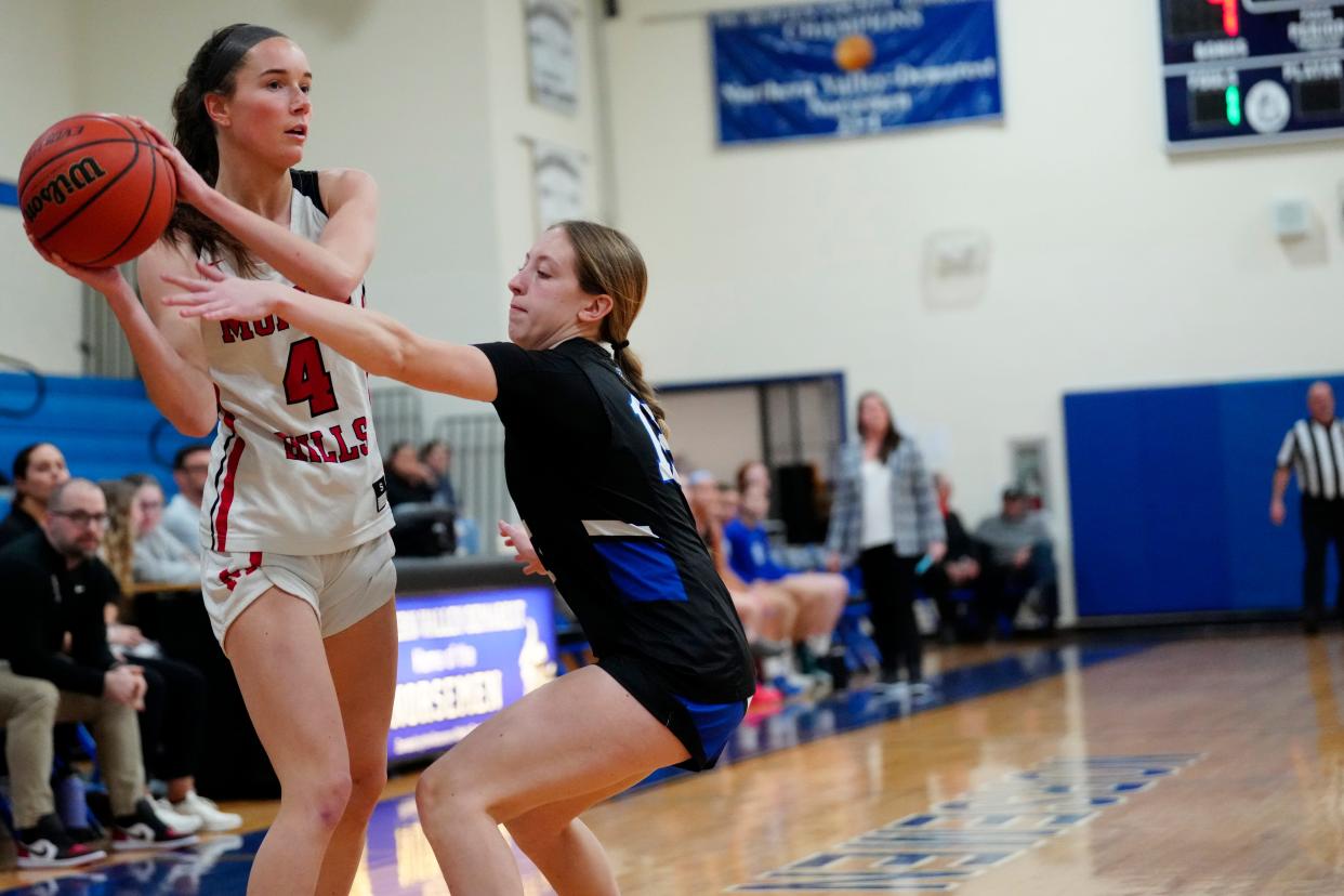Sydney Mulroony, of Morris Hills, looks to pass the ball as Lila McElroy, of Demarest, plays defense, Thursday, February 22, 2024, in Demarest.