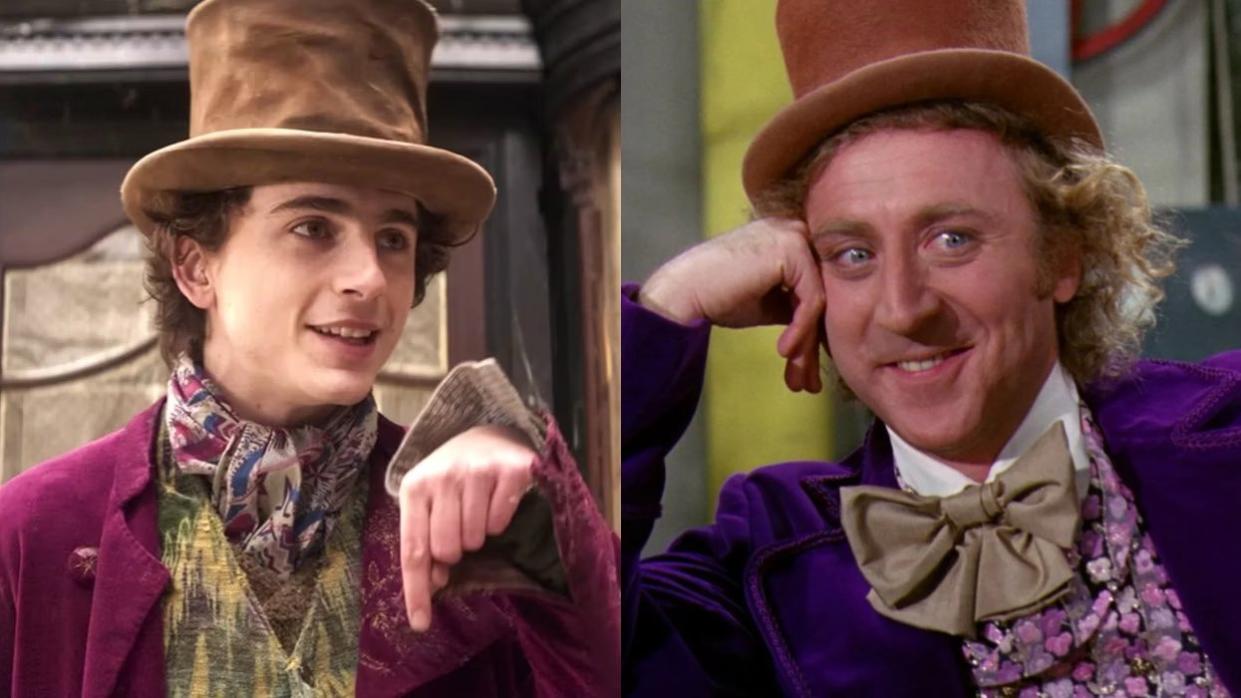 Timothée Chalamet in Wonka; Gene Wilder in Willy Wonka & the Chocolate Factory